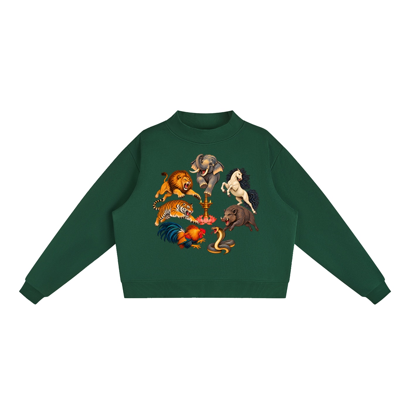 Kalari A – Damen-Fleece-Sweatshirt, Dynamische Tiere in Schwarzgrün