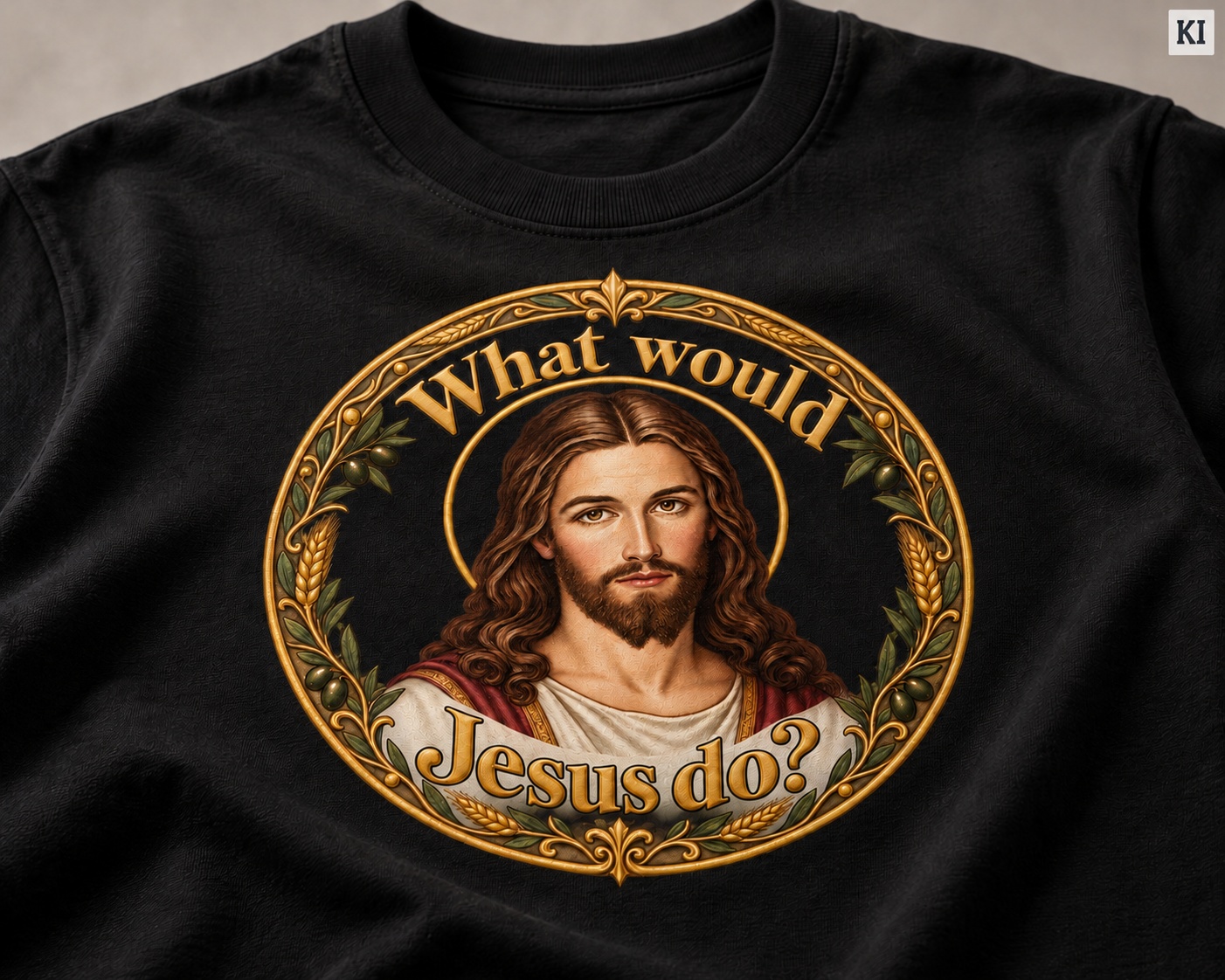 Was würde Jesus tun? Goldener Kranz (Variante 2) – T-Shirt – Bild 5
