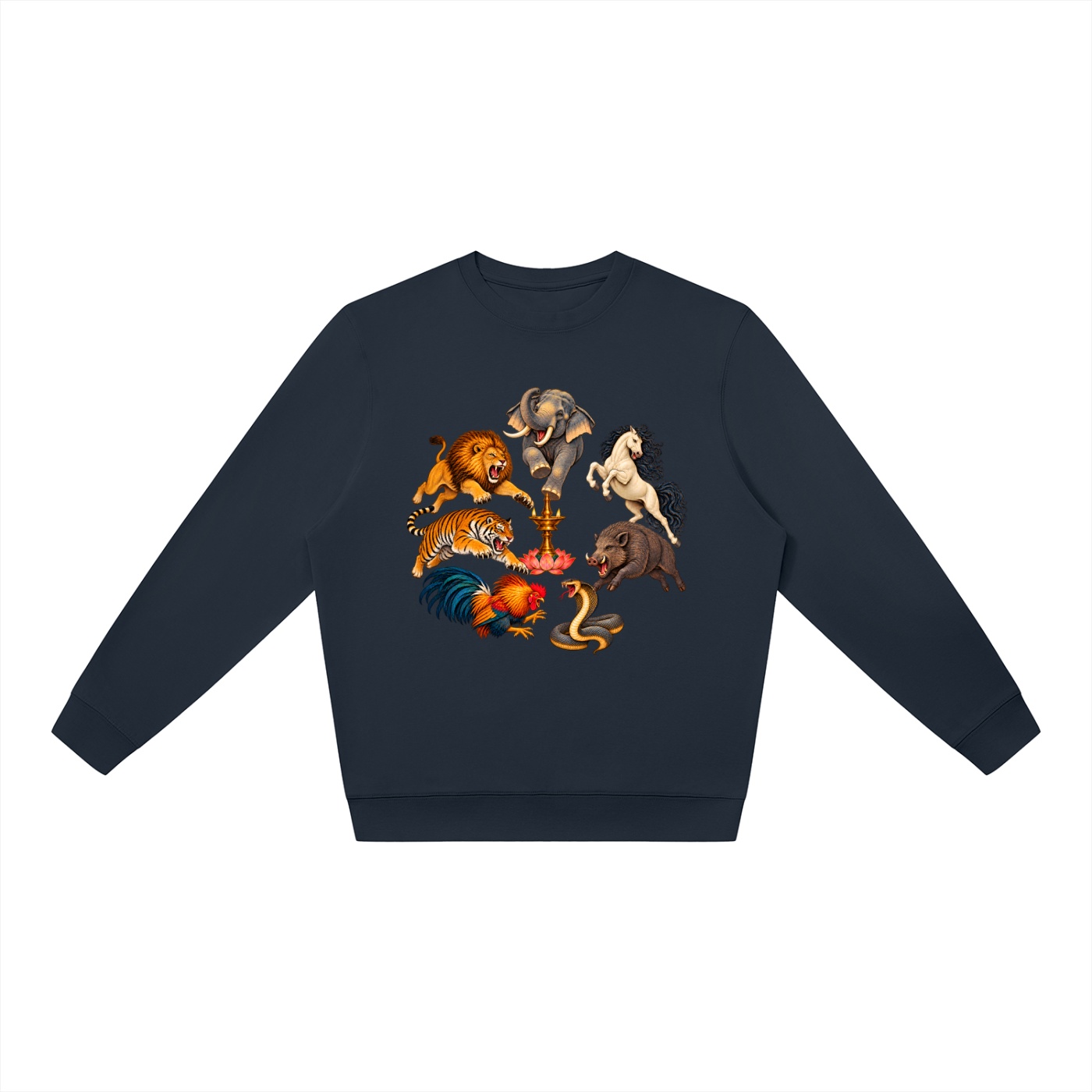 Kalari A – Oversize-Sweatshirt, Dynamische Tiere in Marineblau