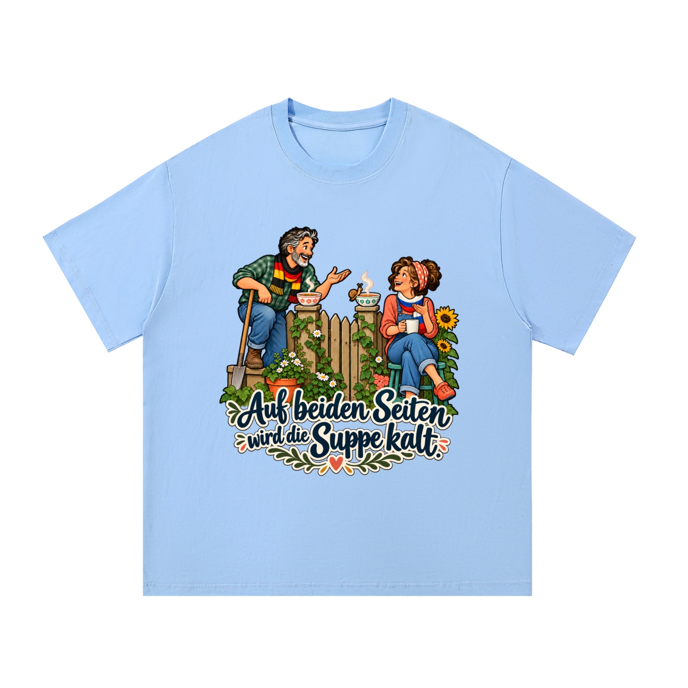 Auf beiden Seiten wird die Suppe kalt. (Nachbarn am Gartenzaun) – T-Shirt · Motiv 2 – Bild 5