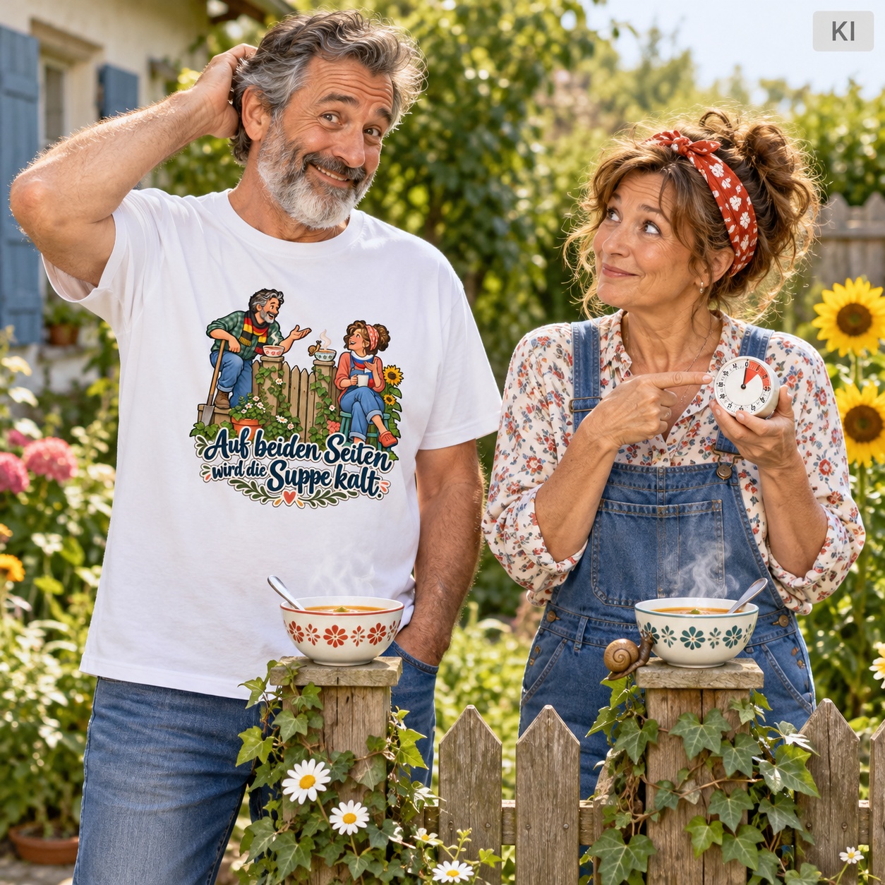 Auf beiden Seiten wird die Suppe kalt. (Nachbarn am Gartenzaun) – T-Shirt · Motiv 2 – Bild 9