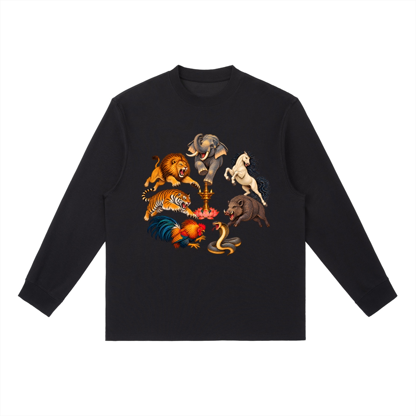 Kalari A – Langarmshirt, Dynamische Tiere in Schwarz
