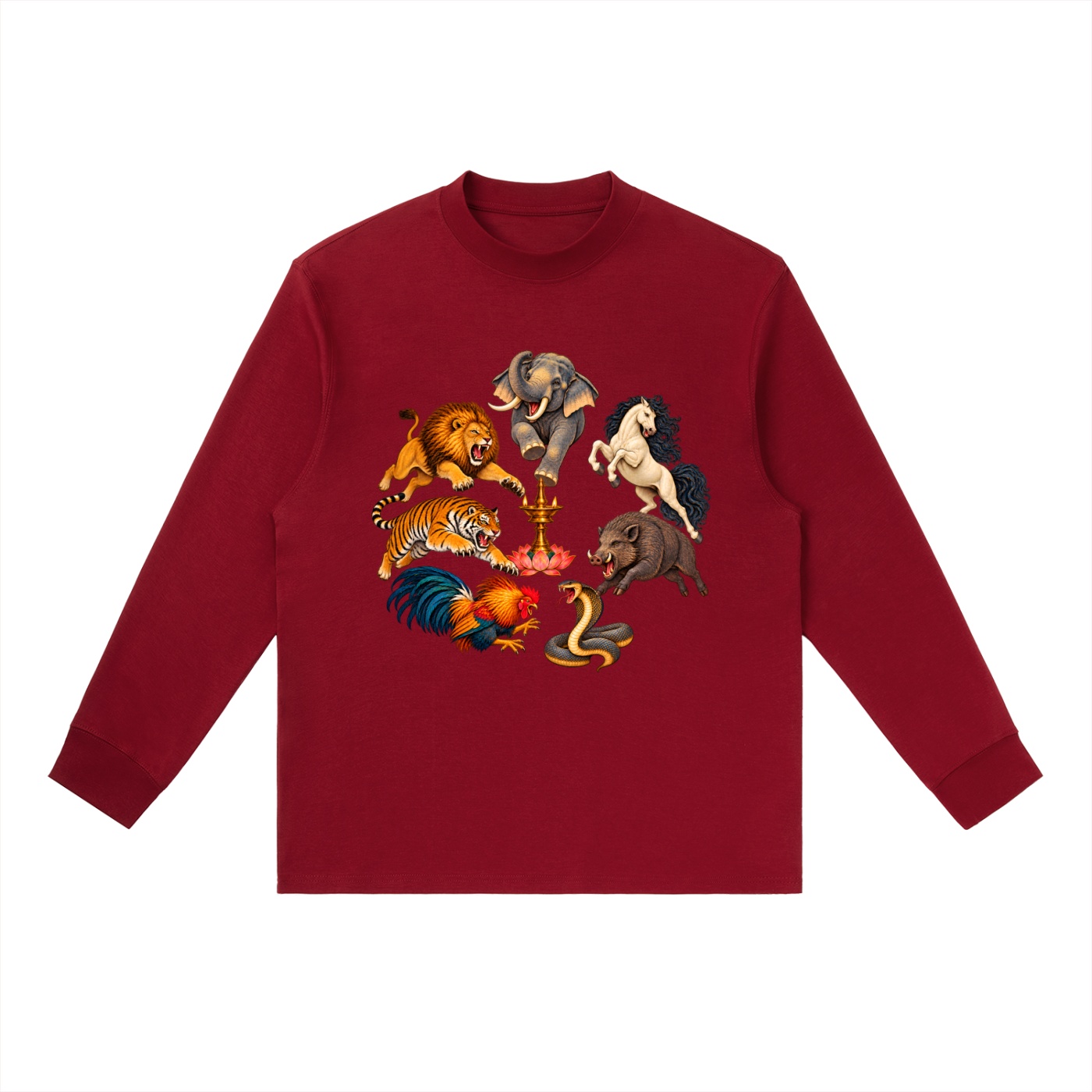 Kalari A – Langarmshirt, Dynamische Tiere in Weinrot