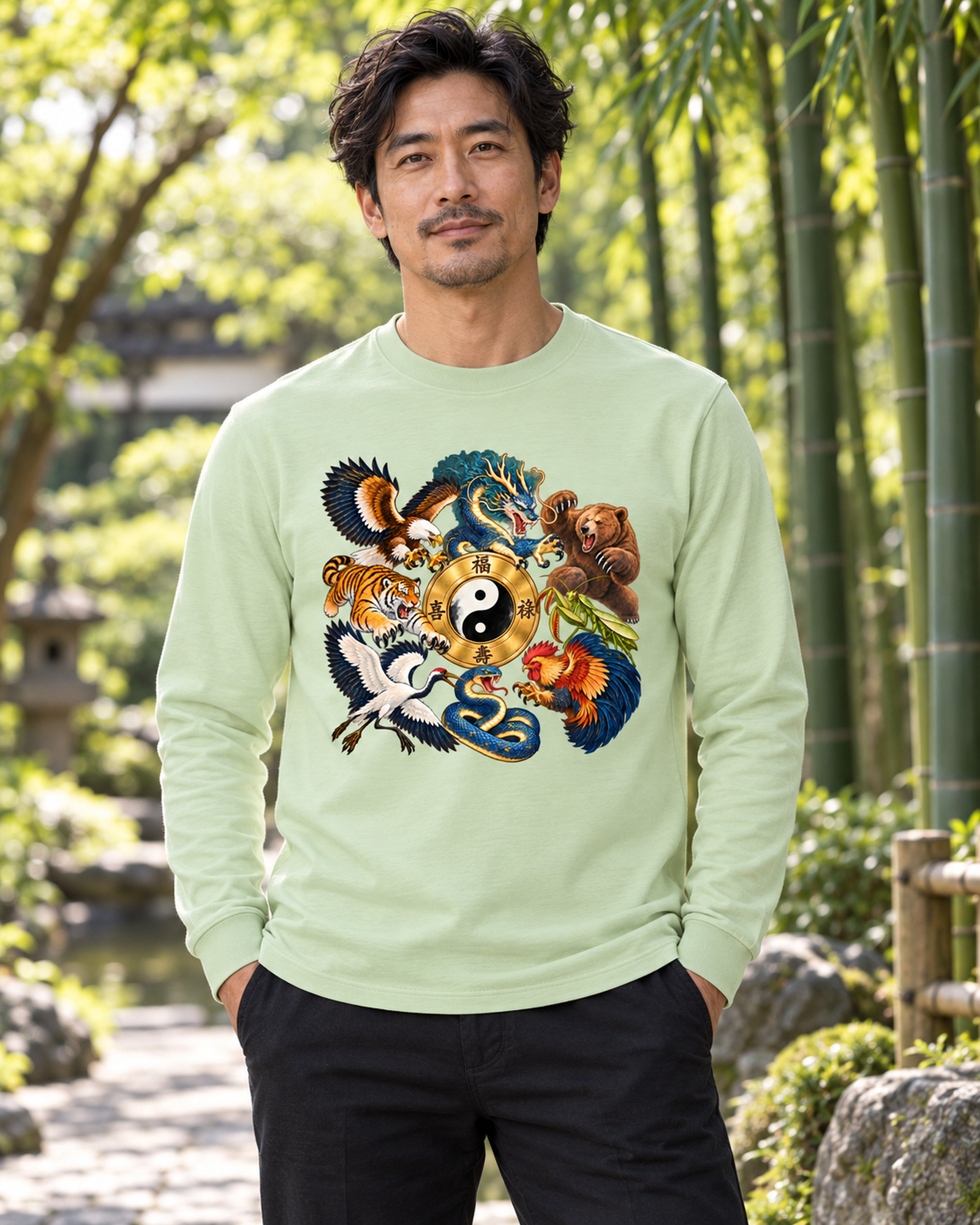 Mann im Langarmshirt mit Kung-Fu B im Bambusgarten.