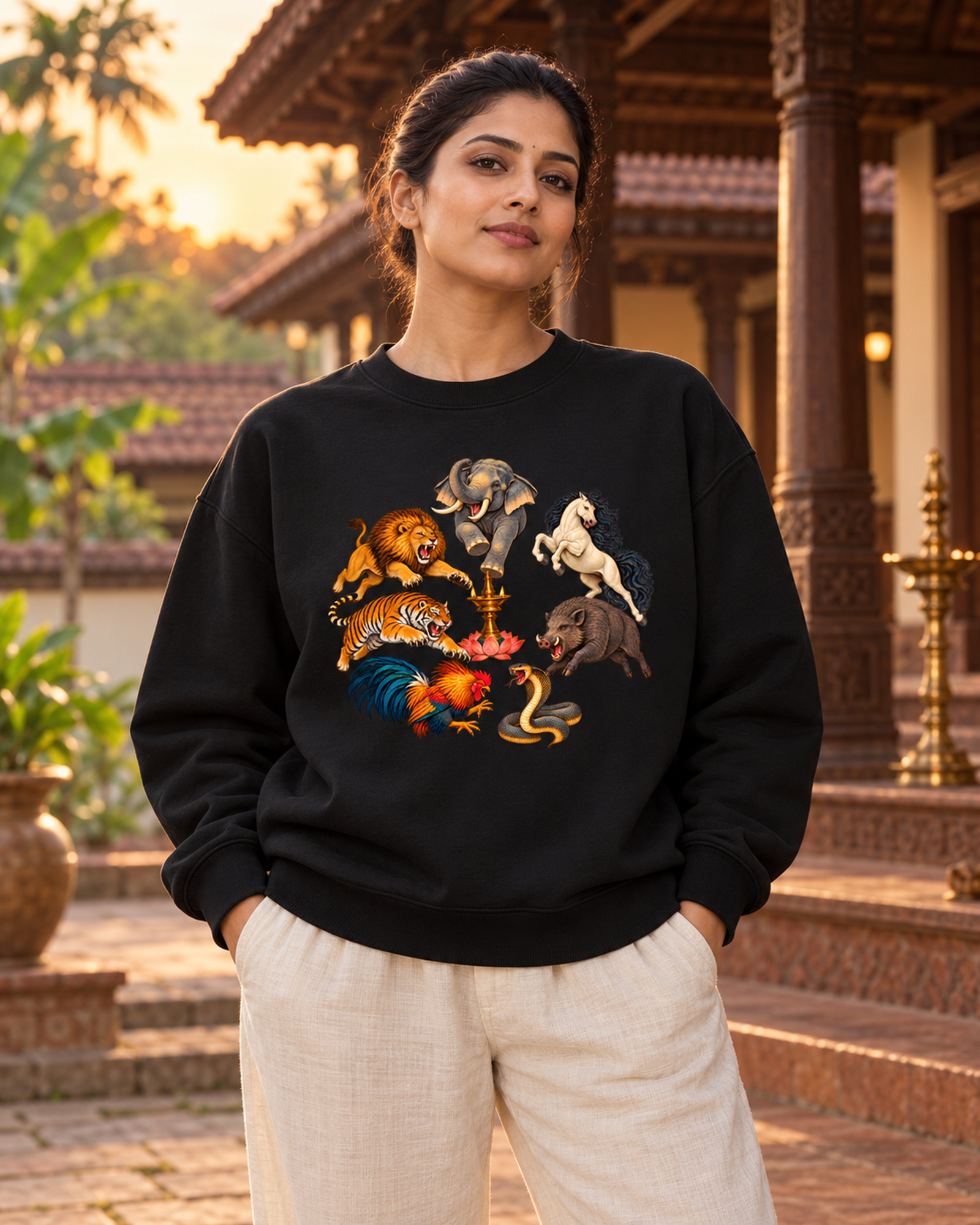 Frau im Sweatshirt mit Kalari-A im Hof bei Sonnenuntergang.