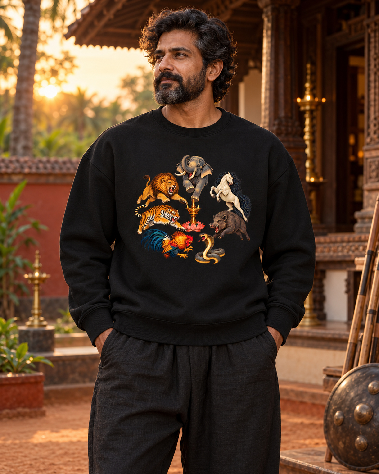 Mann im Sweatshirt mit Kalari-A im Hof bei Sonnenuntergang.