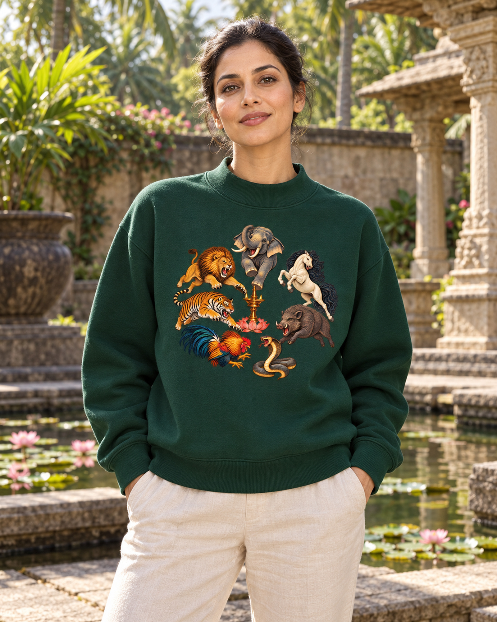 Frau im Damen-Fleece mit Kalari-A im stillen Garten.