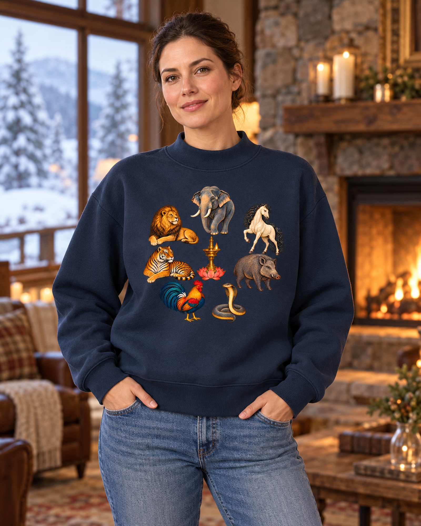 Frau im Damen-Fleece mit Kalari-A am Winterkamin.