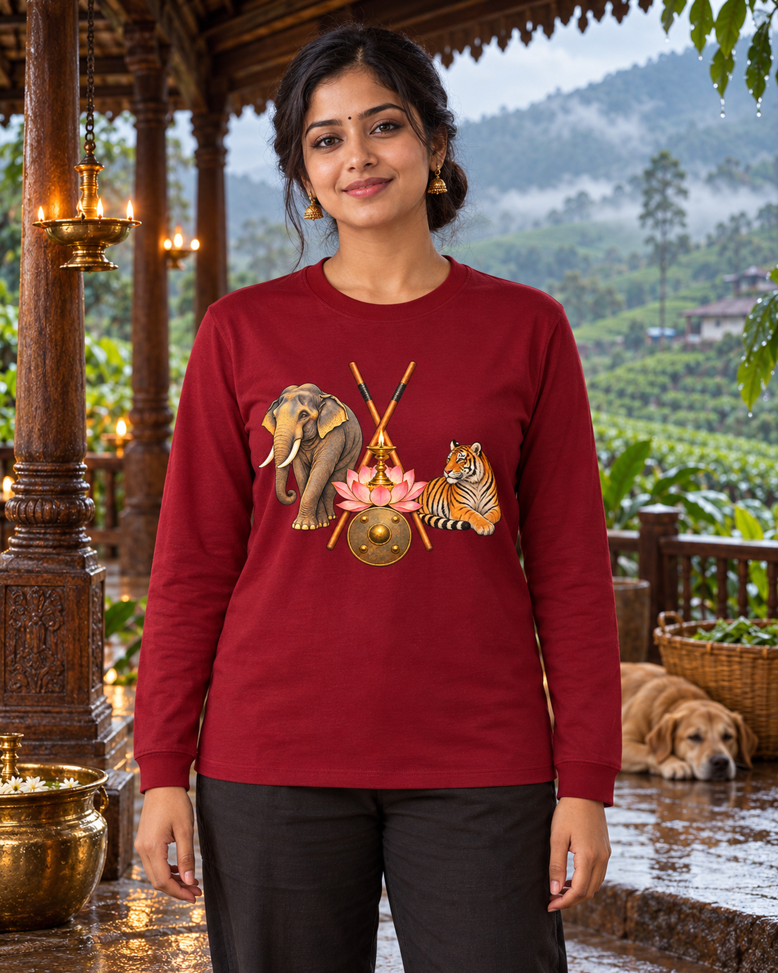 Frau im weinroten Kalari-Langarmshirt an einem beleuchteten Berggasthaus in Kerala.