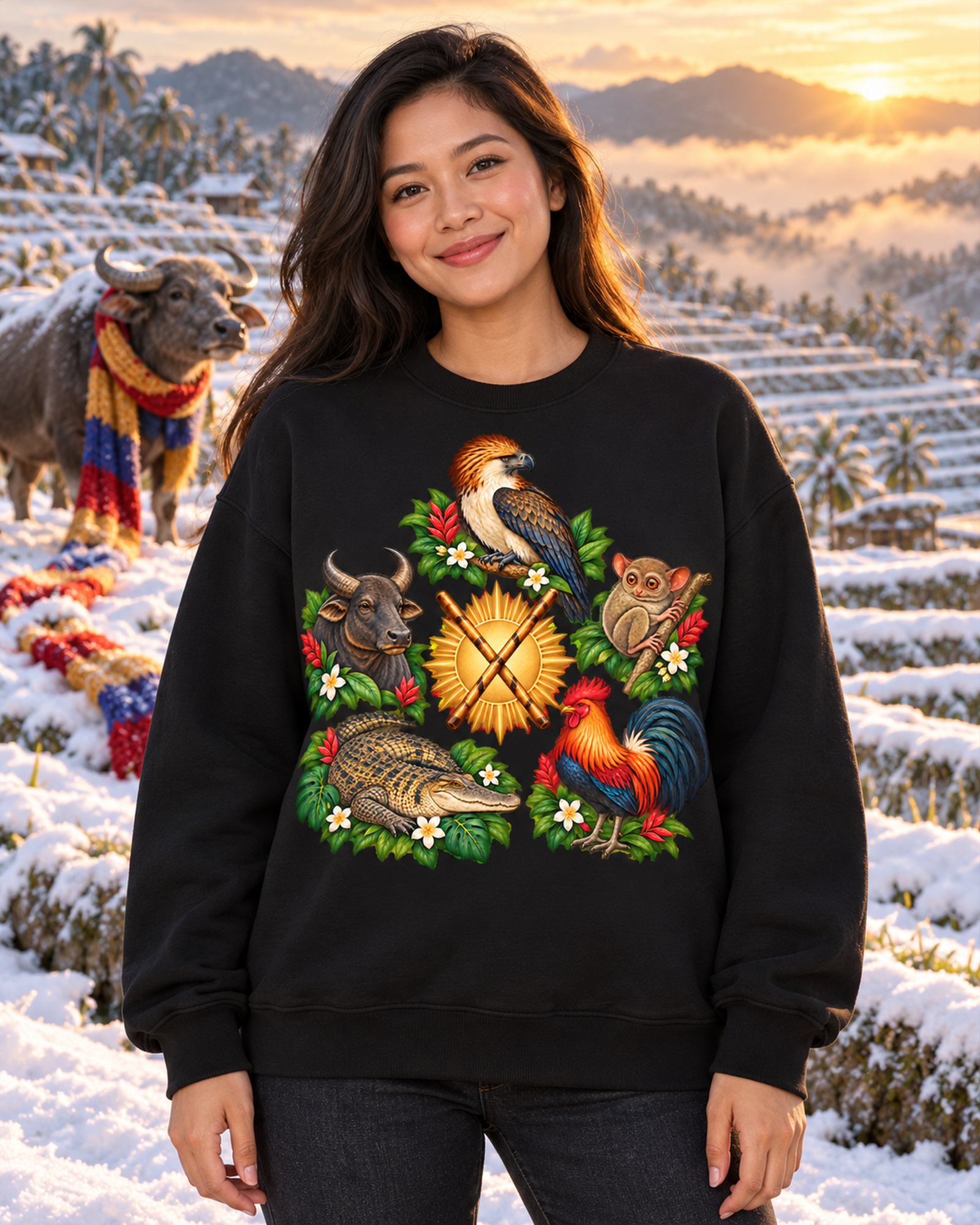 Frau im schwarzen Philippinen-A-Sweatshirt: Winterhumor mit Carabao und Schal.