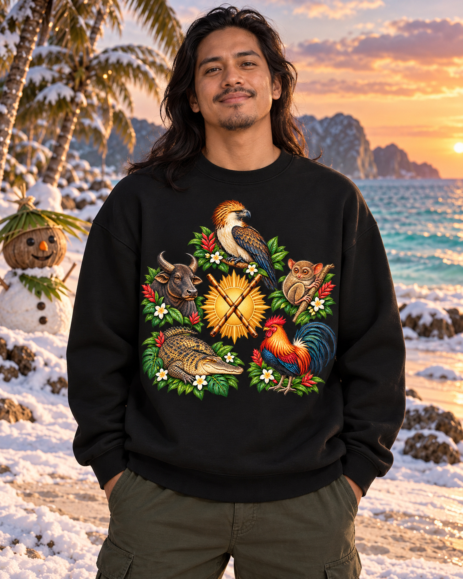 Mann im schwarzen Philippinen-A-Sweatshirt am winterlichen Strand mit Kokosnuss-Schneemann.
