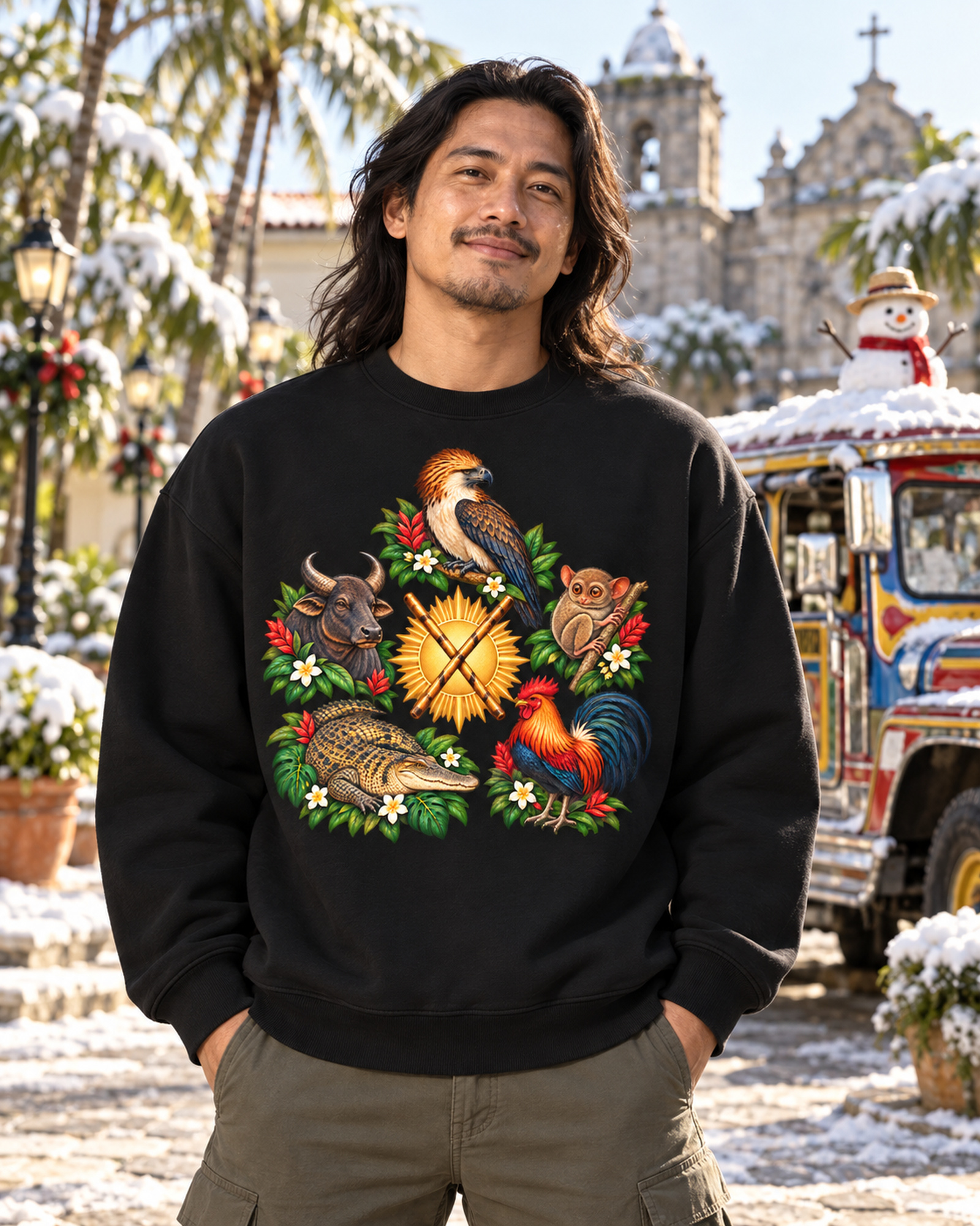 Mann im schwarzen Philippinen-A-Sweatshirt neben einem verschneiten Jeepney.